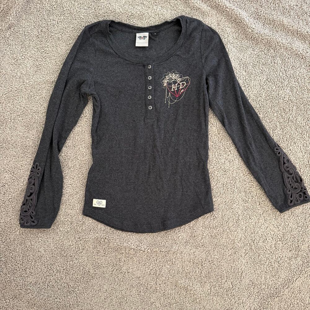 Harley-Davidson Women’s Charcoal Gray Long-Sleeve Henley Heart Lace Sz Medium